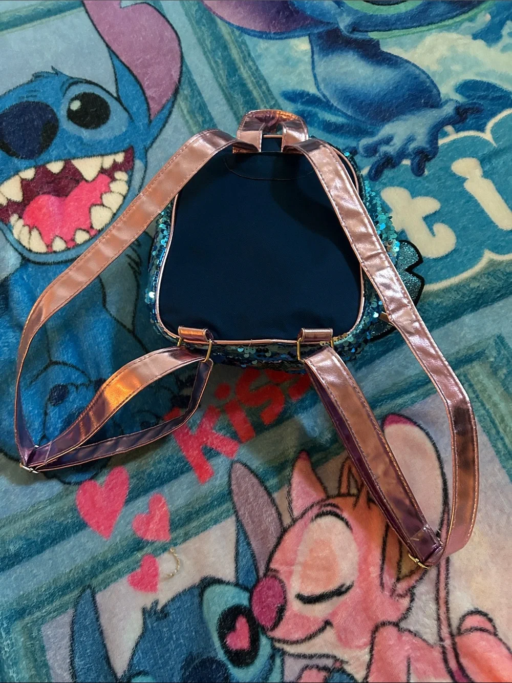 Disney Blue Sequin Stitch Kids Backpack with Pink Accents